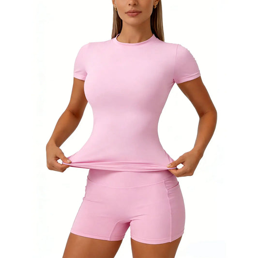 2 Piece Set Women's Yoga Suit Set Solid Color Quick Drying Short Sleeved Top with Pockets on Both Sides Shorts with Tight Fit Suitable for Yoga Gym Training Running Cycling Golf All Season Outdoor Simple and Versatile Short Sleeved Shorts