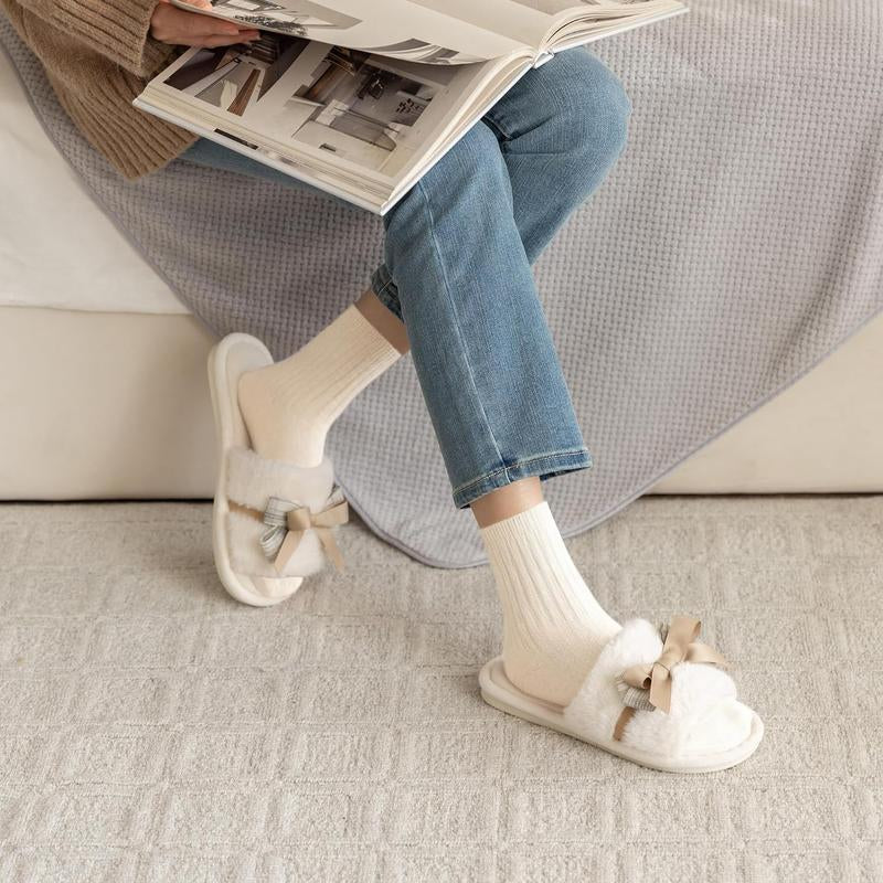 Cute Bow Slippers for Women with Memory Foam Open Toe Fuzzy House Slippers Indoor Outdoor Anti-Skid Soft Birthday Gifts for Women Mom