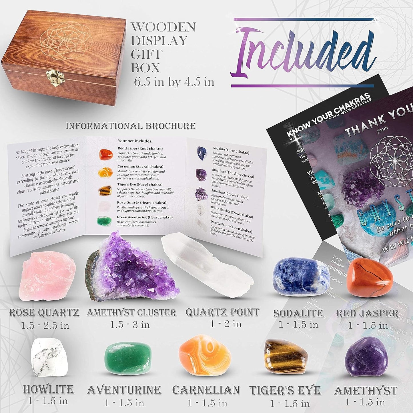 Large Premium Crystals and Healing Stones in Wooden Gift Box + 50Pg EBOOK – 7 Chakra Tumbled Gemstones, Amethyst Crystal, Rose Quartz, Quartz Crystal Point, and Info Guide, Made in U.S.A. - Kiki of DC Styles Store