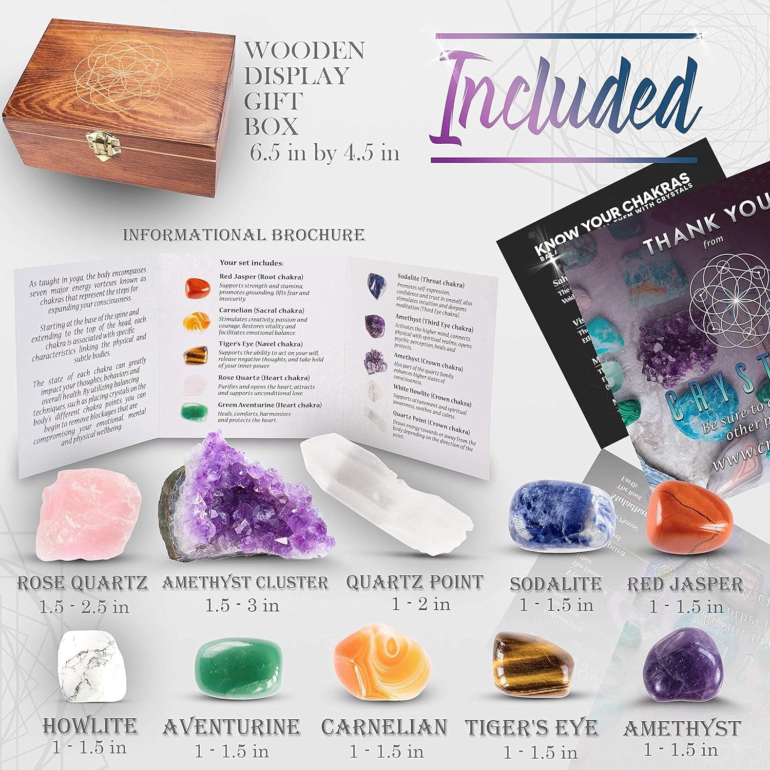 Large Premium Crystals and Healing Stones in Wooden Gift Box + 50Pg EBOOK – 7 Chakra Tumbled Gemstones, Amethyst Crystal, Rose Quartz, Quartz Crystal Point, and Info Guide, Made in U.S.A. - Kiki of DC Styles Store