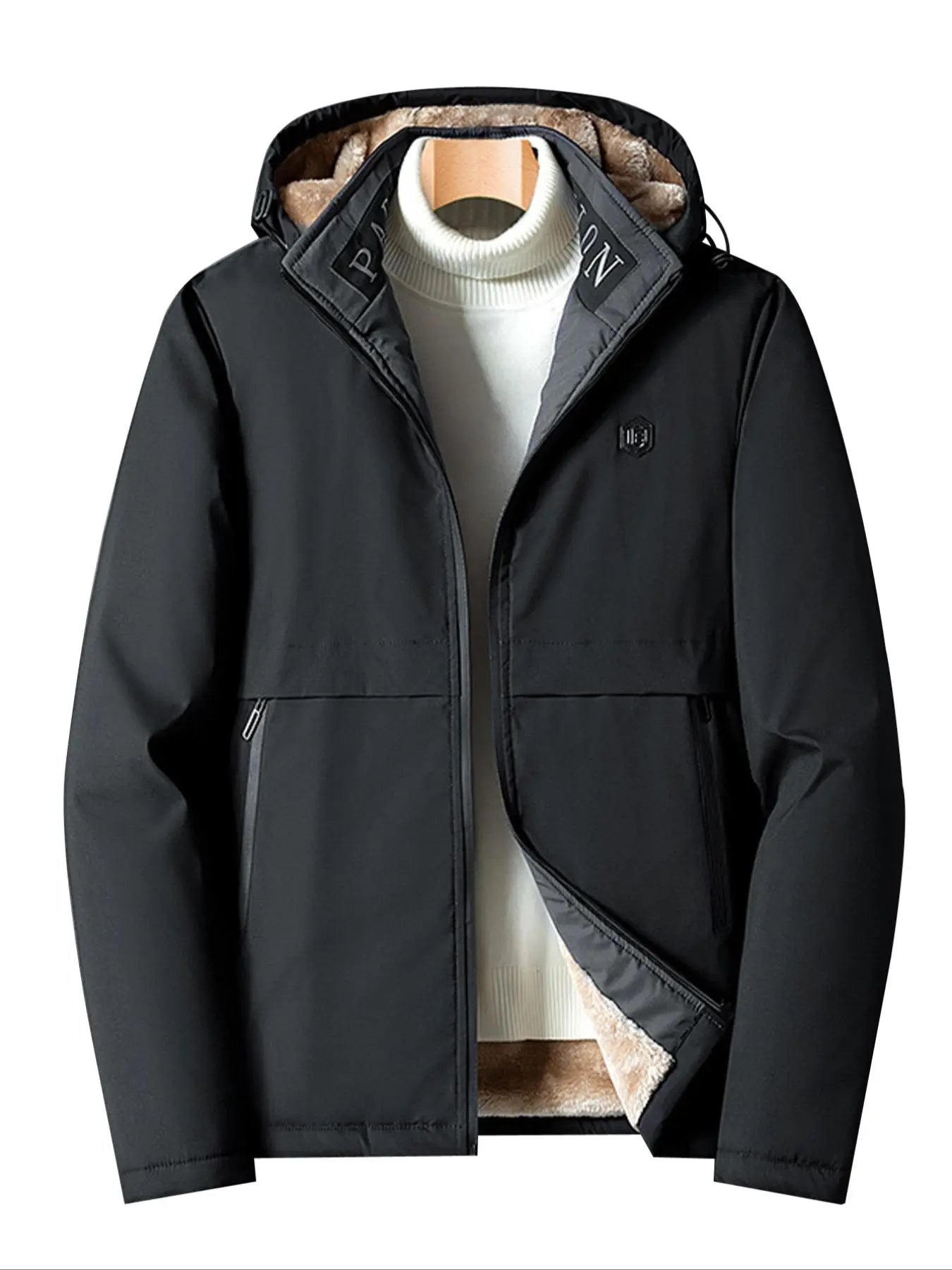 Men'S Solid Thermal Lined Zip up Heated Jacket with Detachable Hood, Zipper Pockets Long Sleeve Coat Outerwear for Winter, Men'S Clothing, Winter Clothing Men, Men Designer Clothes Winter Jacket