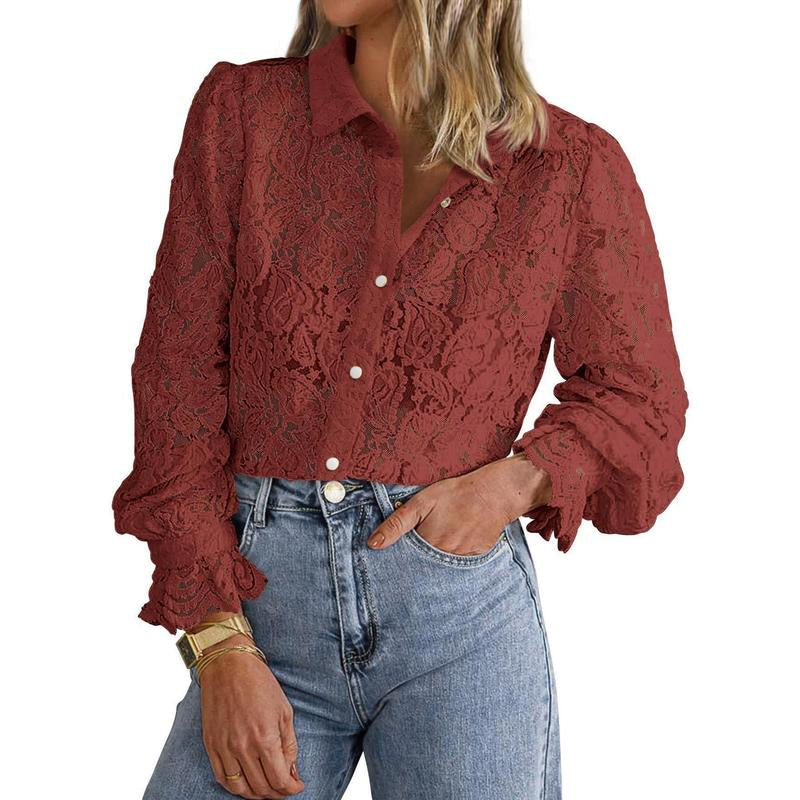 BTFBM Women'S Lace Blouses Long Sleeve Button down Tops 2025 Fall Fashion Shirt - Kiki of DC Styles Store