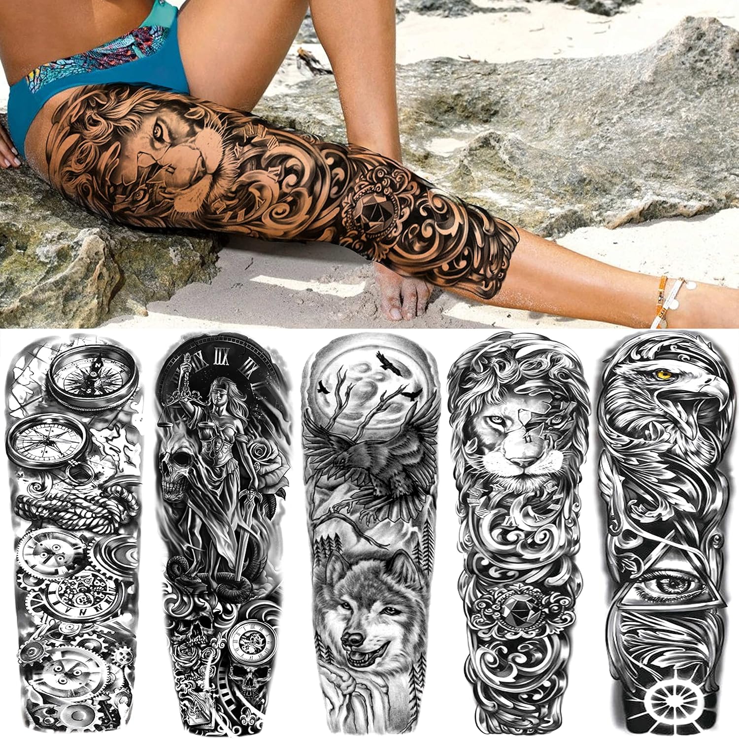 24 Sheets Cool Super Large Full Arm Temporary Tattoo Sleeve for Men with 8 Sheets for Women Thigh, 16 Sheets Flower Eagle Compass Adults Tribal Tiger Tatoo