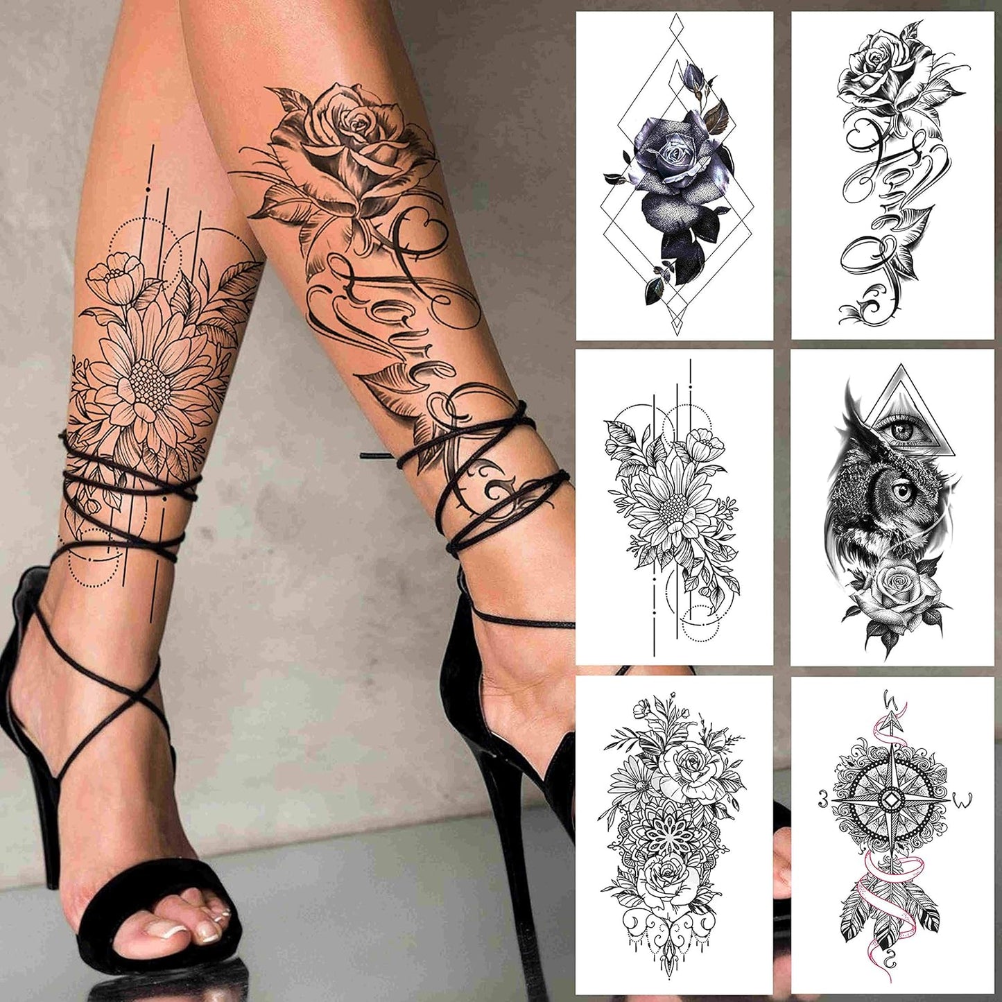 24 Sheets Cool Super Large Full Arm Temporary Tattoo Sleeve for Men with 8 Sheets for Women Thigh, 16 Sheets Flower Eagle Compass Adults Tribal Tiger Tatoo