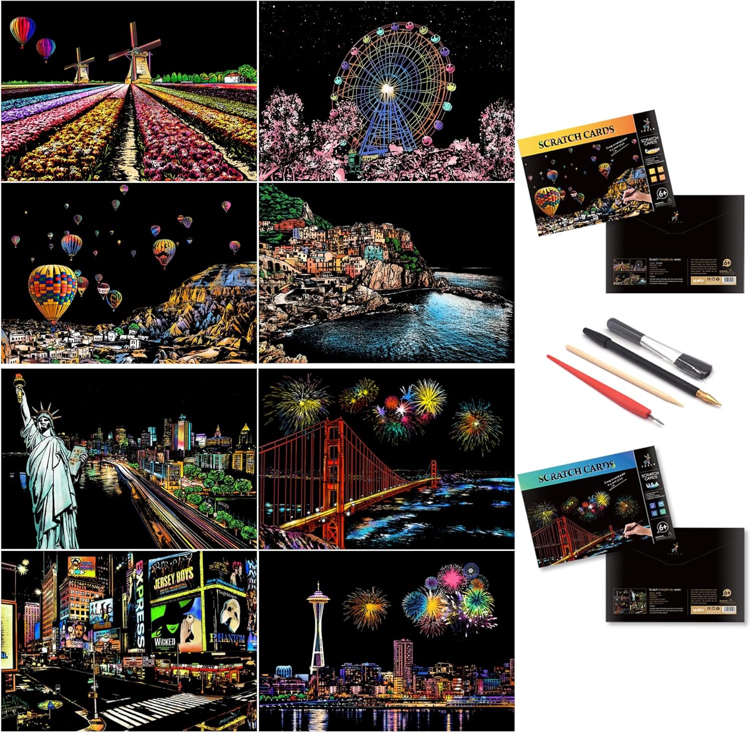Scratch Art for Adults and Kids-City Landmarks Scratch Painting Craft Kit (8 Sheets A4)|DIY Foil Engraving Art Set|Stress Relief Gift for Travel Lovers,Craft Lovers,Home Decor(America/Europe)