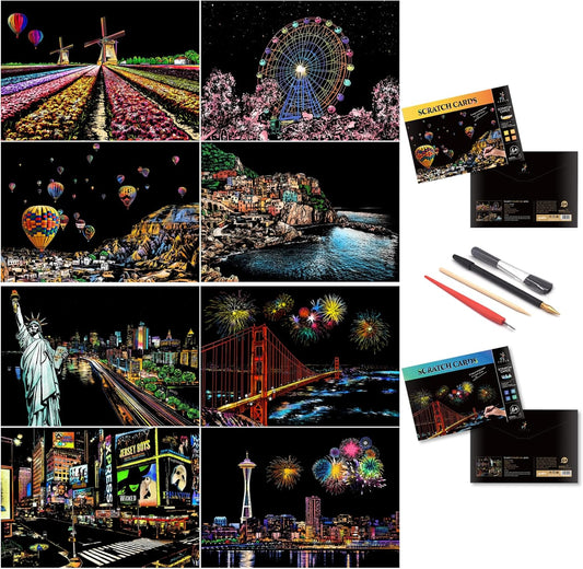 Scratch Art for Adults and Kids-City Landmarks Scratch Painting Craft Kit (8 Sheets A4)|DIY Foil Engraving Art Set|Stress Relief Gift for Travel Lovers,Craft Lovers,Home Decor(America/Europe)