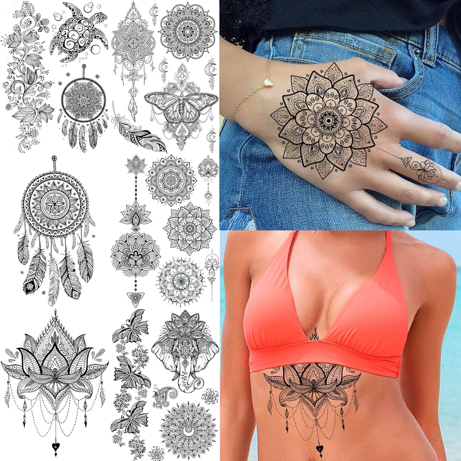 24 Sheets Cool Super Large Full Arm Temporary Tattoo Sleeve for Men with 8 Sheets for Women Thigh, 16 Sheets Flower Eagle Compass Adults Tribal Tiger Tatoo