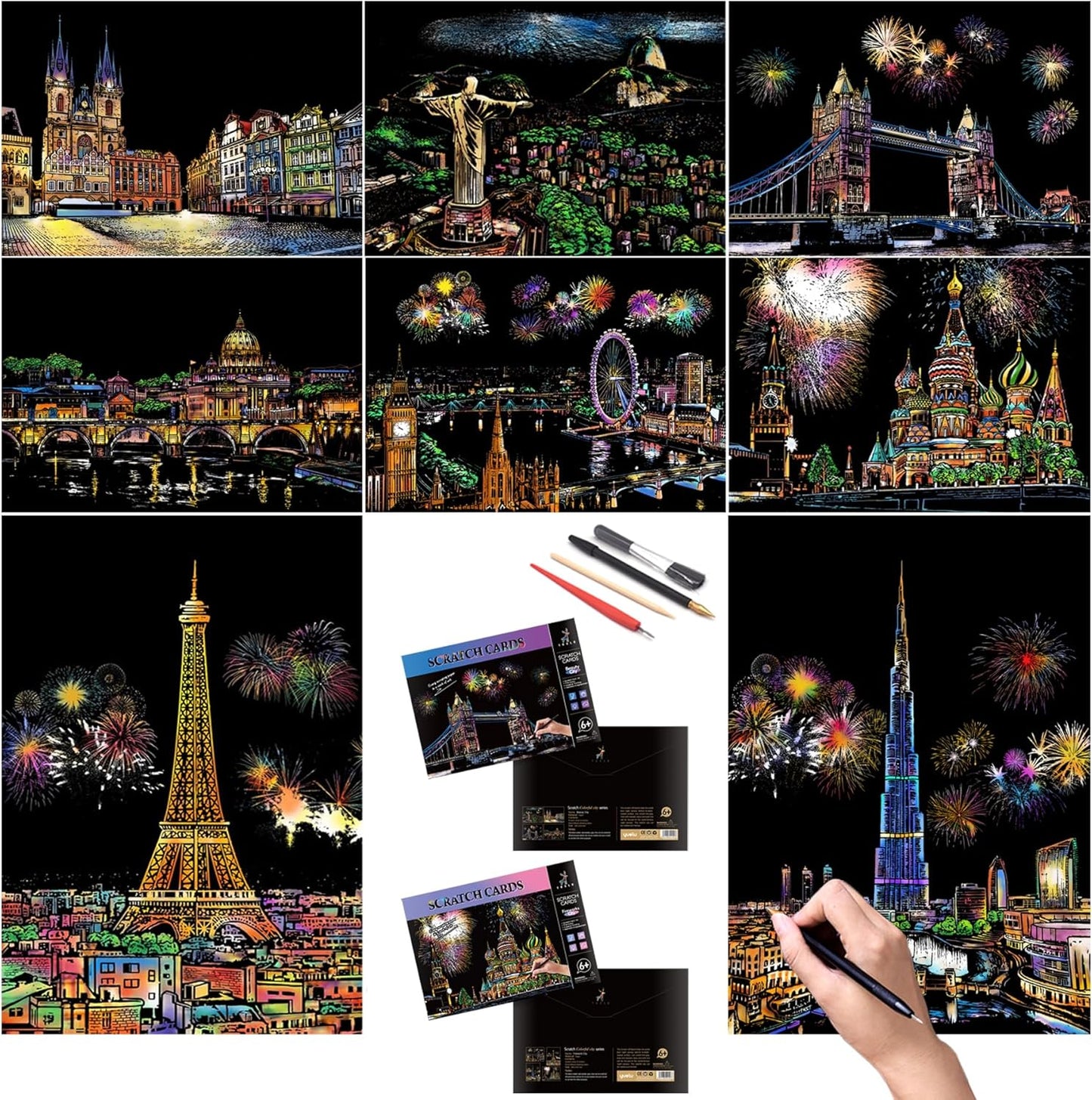 Scratch Art for Adults and Kids-City Landmarks Scratch Painting Craft Kit (8 Sheets A4)|DIY Foil Engraving Art Set|Stress Relief Gift for Travel Lovers,Craft Lovers,Home Decor(America/Europe)