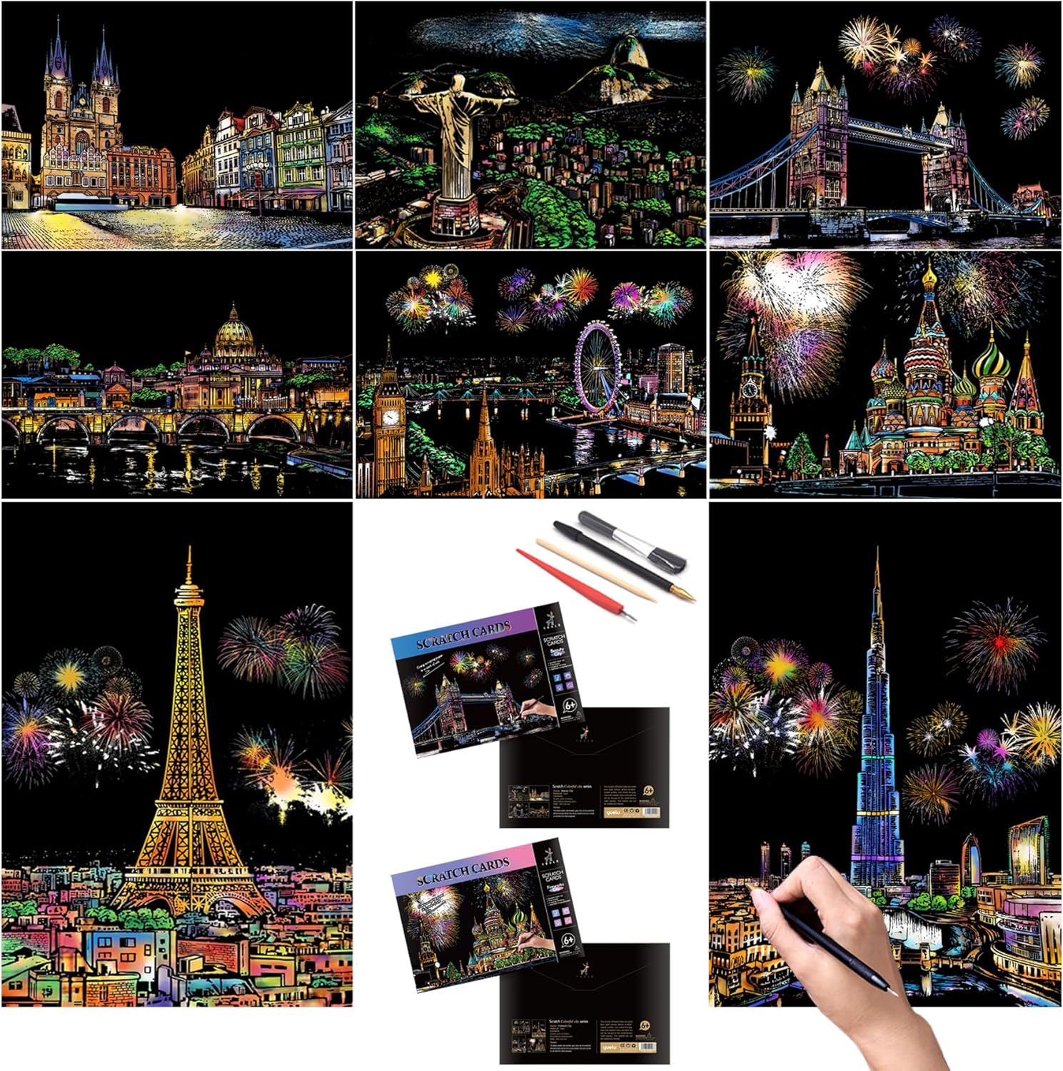 Scratch Art for Adults and Kids-City Landmarks Scratch Painting Craft Kit (8 Sheets A4)|DIY Foil Engraving Art Set|Stress Relief Gift for Travel Lovers,Craft Lovers,Home Decor(America/Europe)