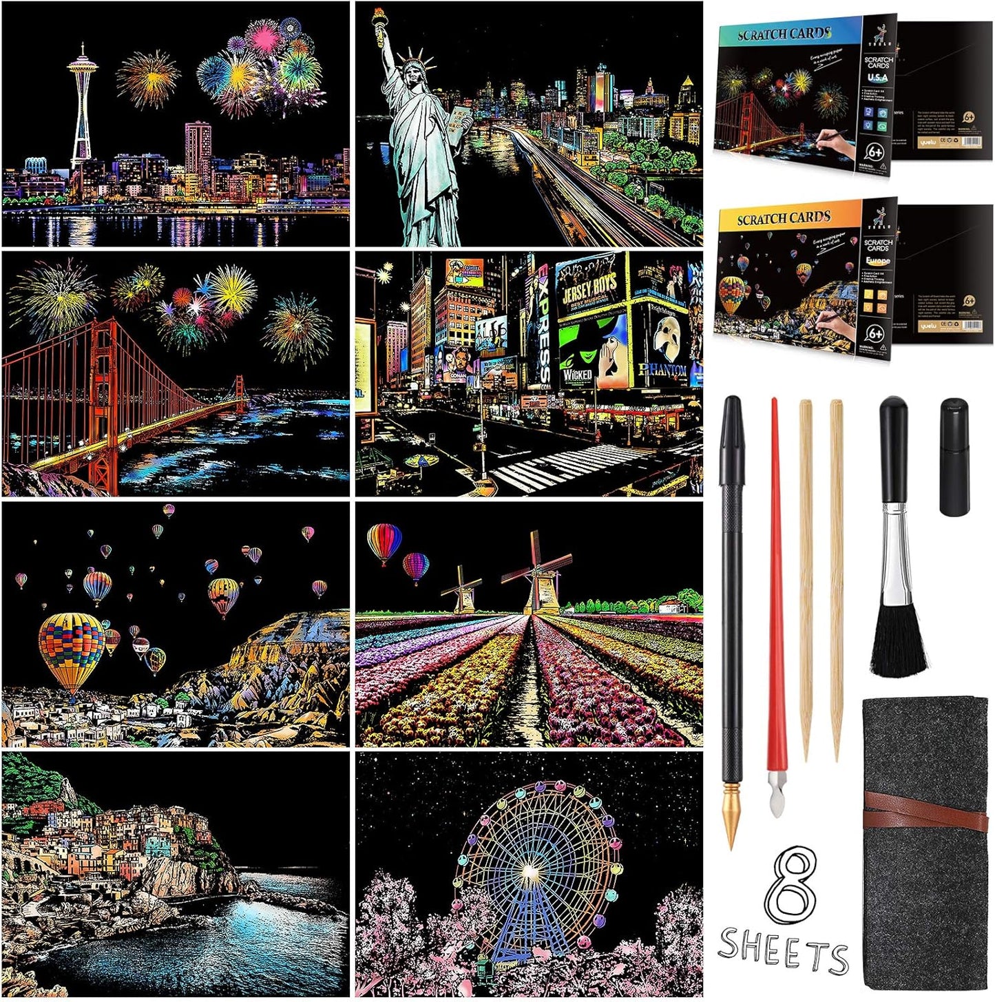Scratch Art Painting Kits for Adults & Kids, Rainbow Painting Sketch Night View Scratchboard(A4), Crafts Set: 8 Sheets Scratch Cards with 6 Tools in Bag - Creative Craft Art Set (Landmark Building)