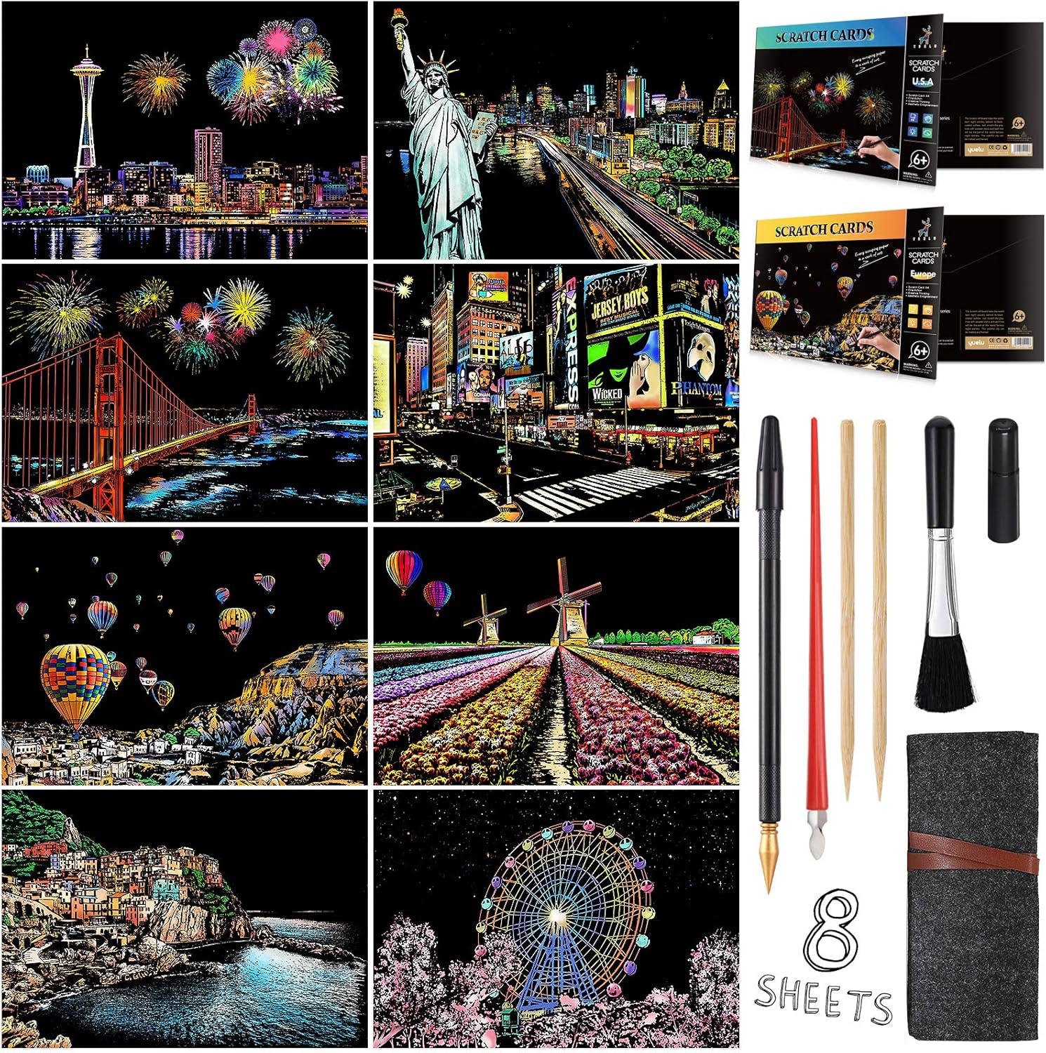 Scratch Art Painting Kits for Adults & Kids, Rainbow Painting Sketch Night View Scratchboard(A4), Crafts Set: 8 Sheets Scratch Cards with 6 Tools in Bag - Creative Craft Art Set (Landmark Building)