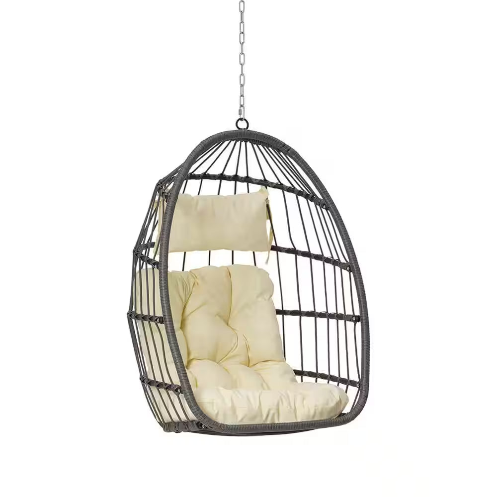 Modern Outdoor Garden Wood Rattan Egg Swing Chair Hanging Chair Porch Swing with Beige Cushion - Kiki of DC Styles Store