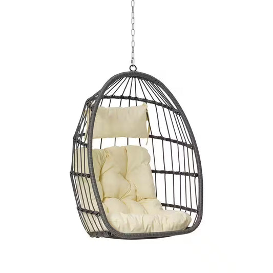 Modern Outdoor Garden Wood Rattan Egg Swing Chair Hanging Chair Porch Swing with Beige Cushion - Kiki of DC Styles Store
