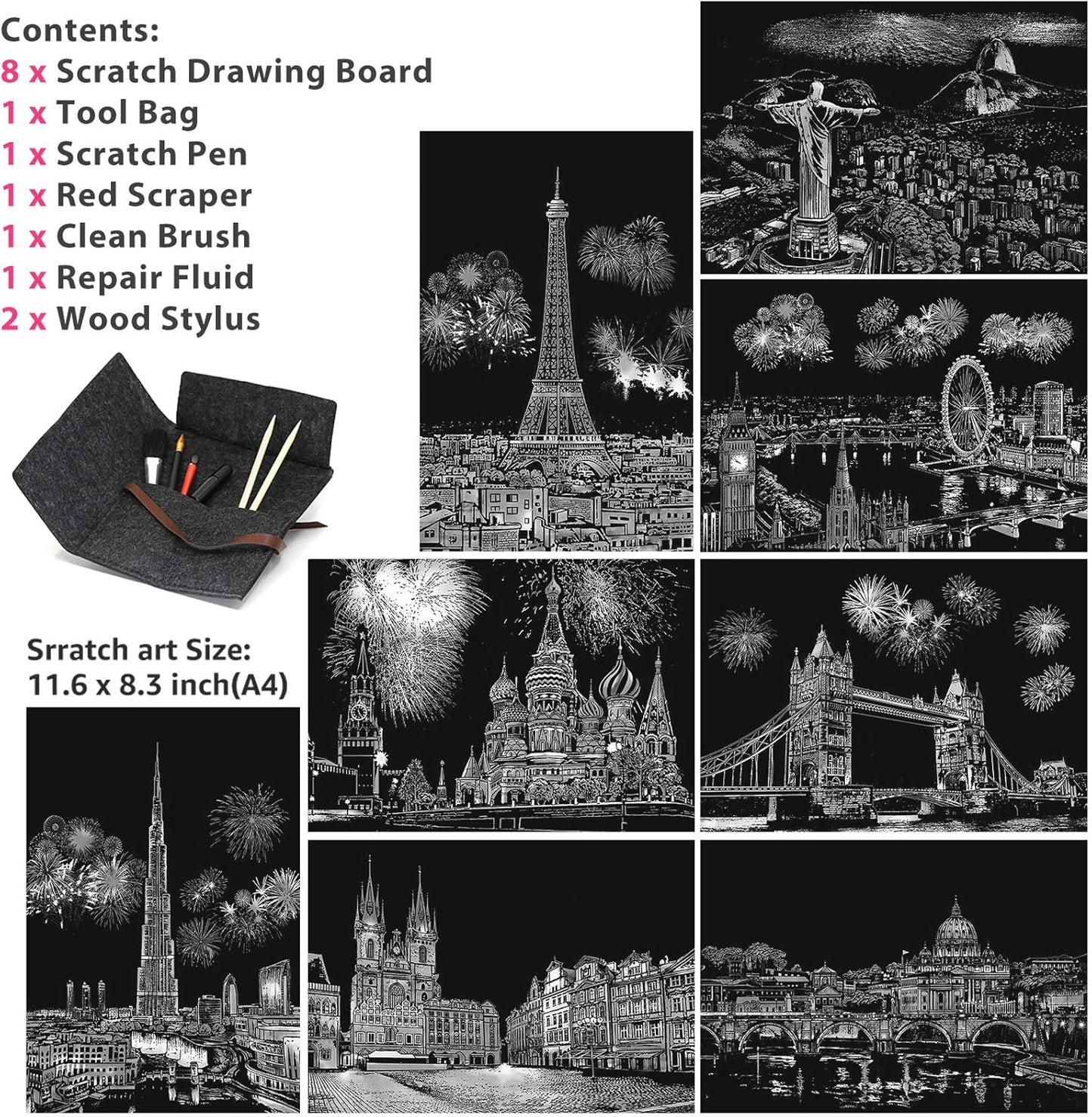 Scratch Art Painting Kits for Adults & Kids, Rainbow Painting Sketch Night View Scratchboard(A4), Crafts Set: 8 Sheets Scratch Cards with 6 Tools in Bag - Creative Craft Art Set (Landmark Building)