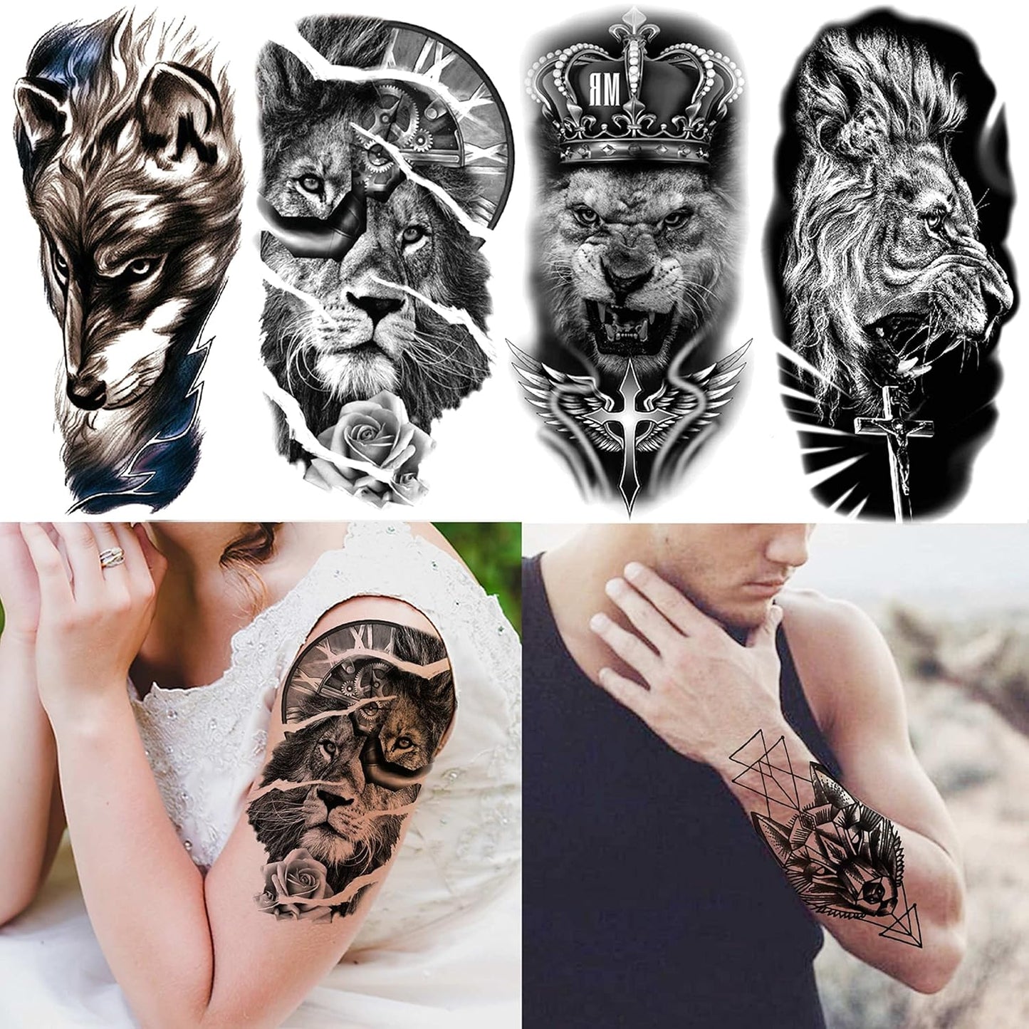 24 Sheets Cool Super Large Full Arm Temporary Tattoo Sleeve for Men with 8 Sheets for Women Thigh, 16 Sheets Flower Eagle Compass Adults Tribal Tiger Tatoo