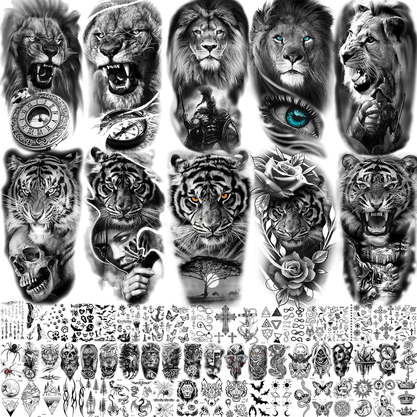 24 Sheets Cool Super Large Full Arm Temporary Tattoo Sleeve for Men with 8 Sheets for Women Thigh, 16 Sheets Flower Eagle Compass Adults Tribal Tiger Tatoo