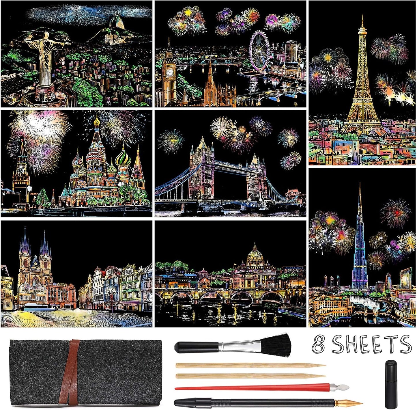 Scratch Art Painting Kits for Adults & Kids, Rainbow Painting Sketch Night View Scratchboard(A4), Crafts Set: 8 Sheets Scratch Cards with 6 Tools in Bag - Creative Craft Art Set (Landmark Building)