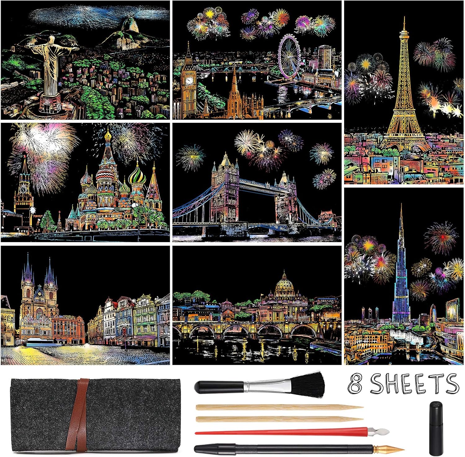 Scratch Art Painting Kits for Adults & Kids, Rainbow Painting Sketch Night View Scratchboard(A4), Crafts Set: 8 Sheets Scratch Cards with 6 Tools in Bag - Creative Craft Art Set (Landmark Building)