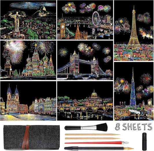 Scratch Art Painting Kits for Adults & Kids, Rainbow Painting Sketch Night View Scratchboard(A4), Crafts Set: 8 Sheets Scratch Cards with 6 Tools in Bag - Creative Craft Art Set (Landmark Building)