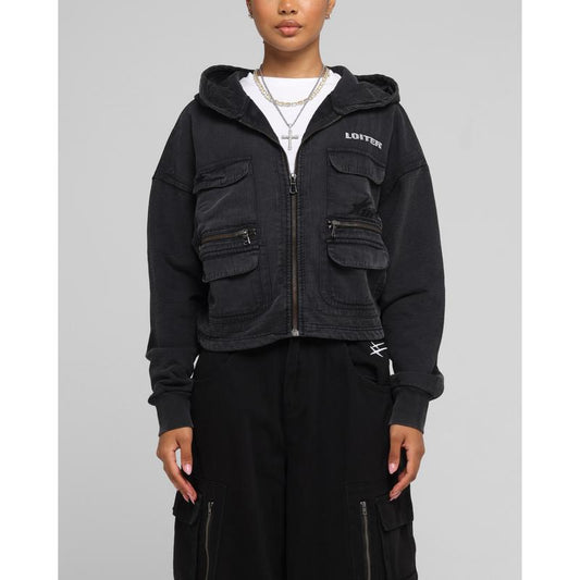Loiter Women's Utility Cropped Hoodie in Washed Black - Kiki of DC Styles Store