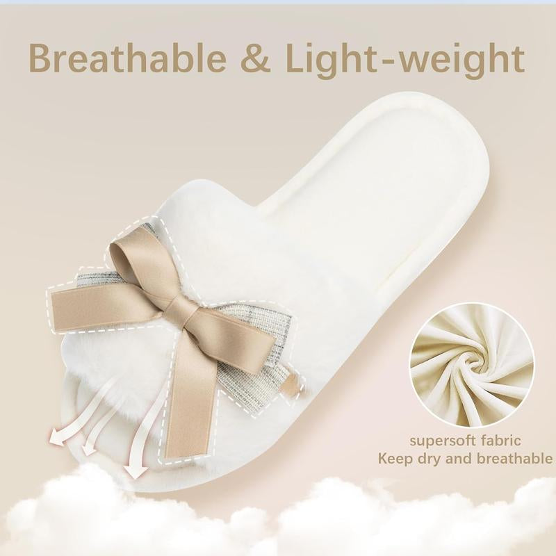 Cute Bow Slippers for Women with Memory Foam Open Toe Fuzzy House Slippers Indoor Outdoor Anti-Skid Soft Birthday Gifts for Women Mom
