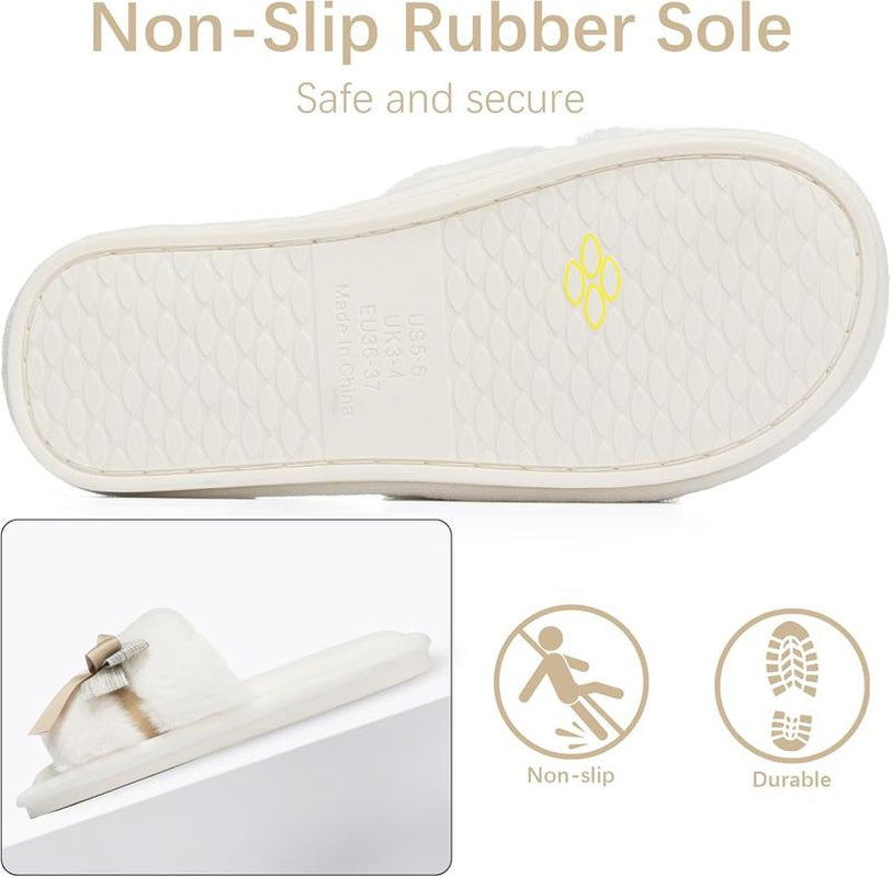 Cute Bow Slippers for Women with Memory Foam Open Toe Fuzzy House Slippers Indoor Outdoor Anti-Skid Soft Birthday Gifts for Women Mom