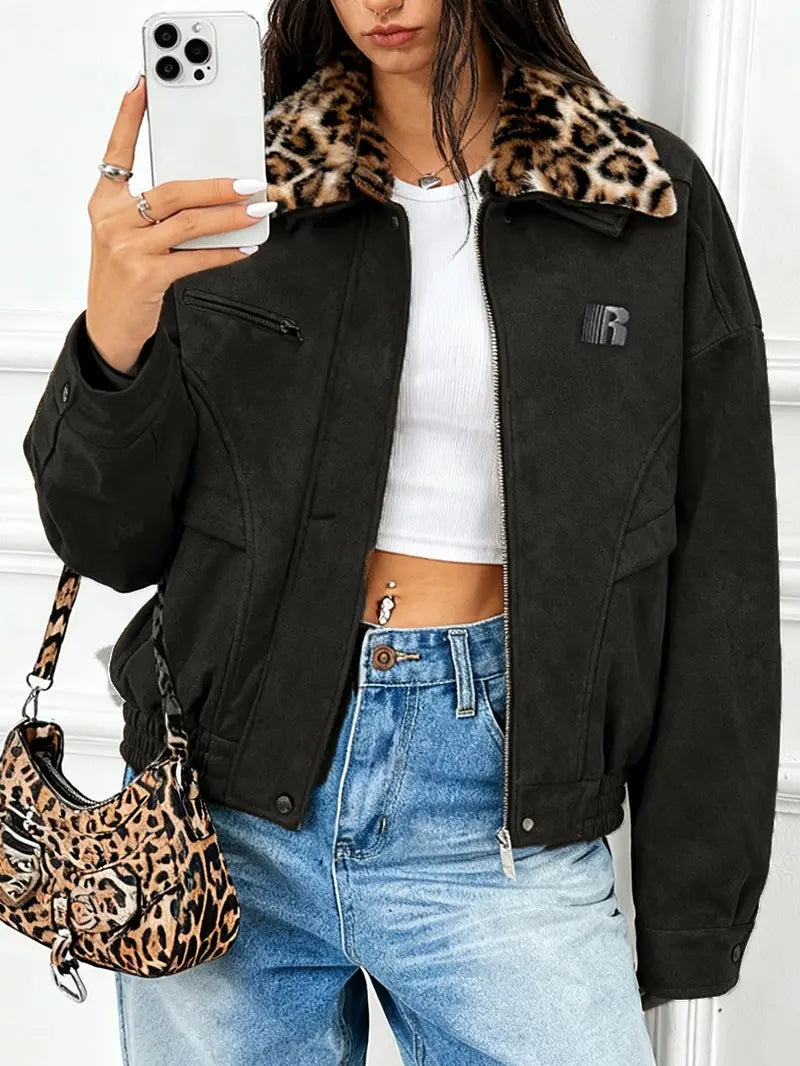 Barn Jacket with Detachable Leopard Collar FDR Unisex Plain Casual Minimalist Loose Fit Women'S Coat Pu Patchwork Trendy Outerwear for Daily Wear Heavyweight Zipper Short Tops Womenswear #Valentinesday #Tiktokshopjumpstartsale #Valentinesdaygift Springsta