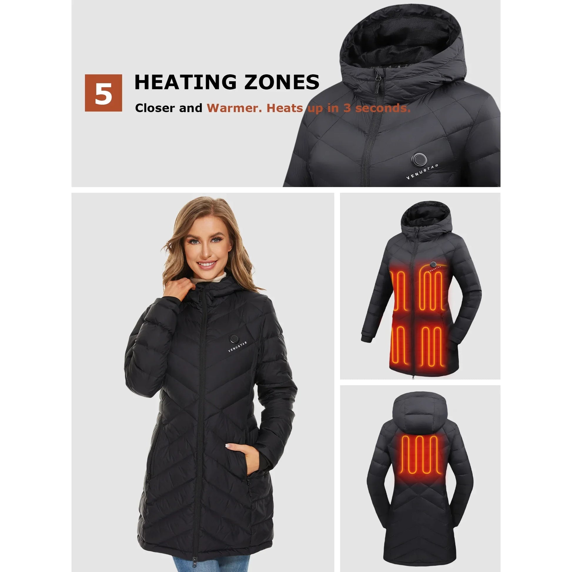 Women'S Heated down Jacket with Battery Pack 7.4V, Long Puffer Winter Jacket Coat (Black, 2XL)
