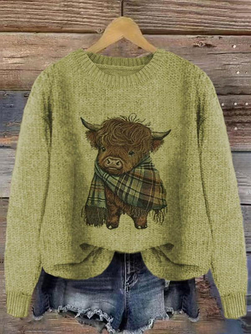 Women'S Cartoon Animal Print round Neck Sweater, Casual Long Sleeve Crew Neck Jumper for Fall & Winter, Fashion Women'S Knitwear for Daily Wear, Tops, Womenswear - Kiki of DC Styles Store