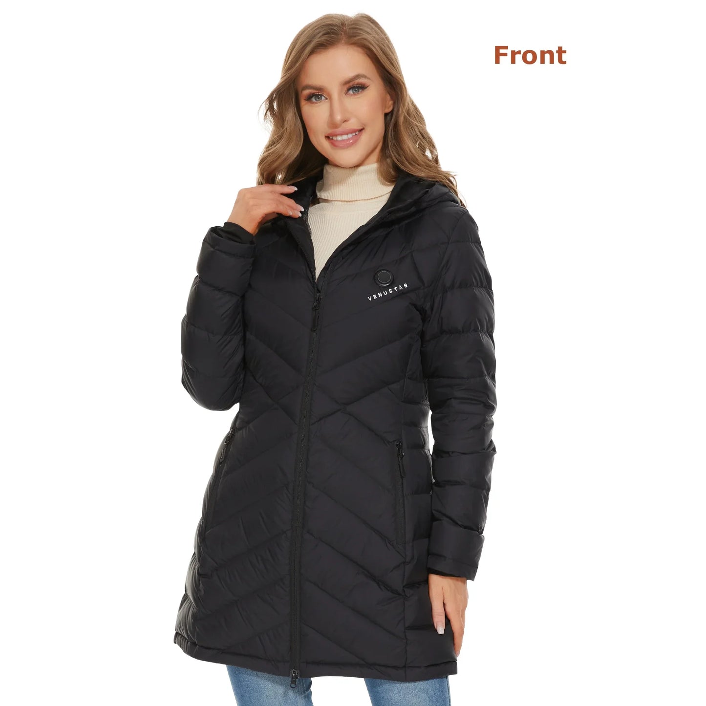 Women'S Heated down Jacket with Battery Pack 7.4V, Long Puffer Winter Jacket Coat (Black, 2XL)