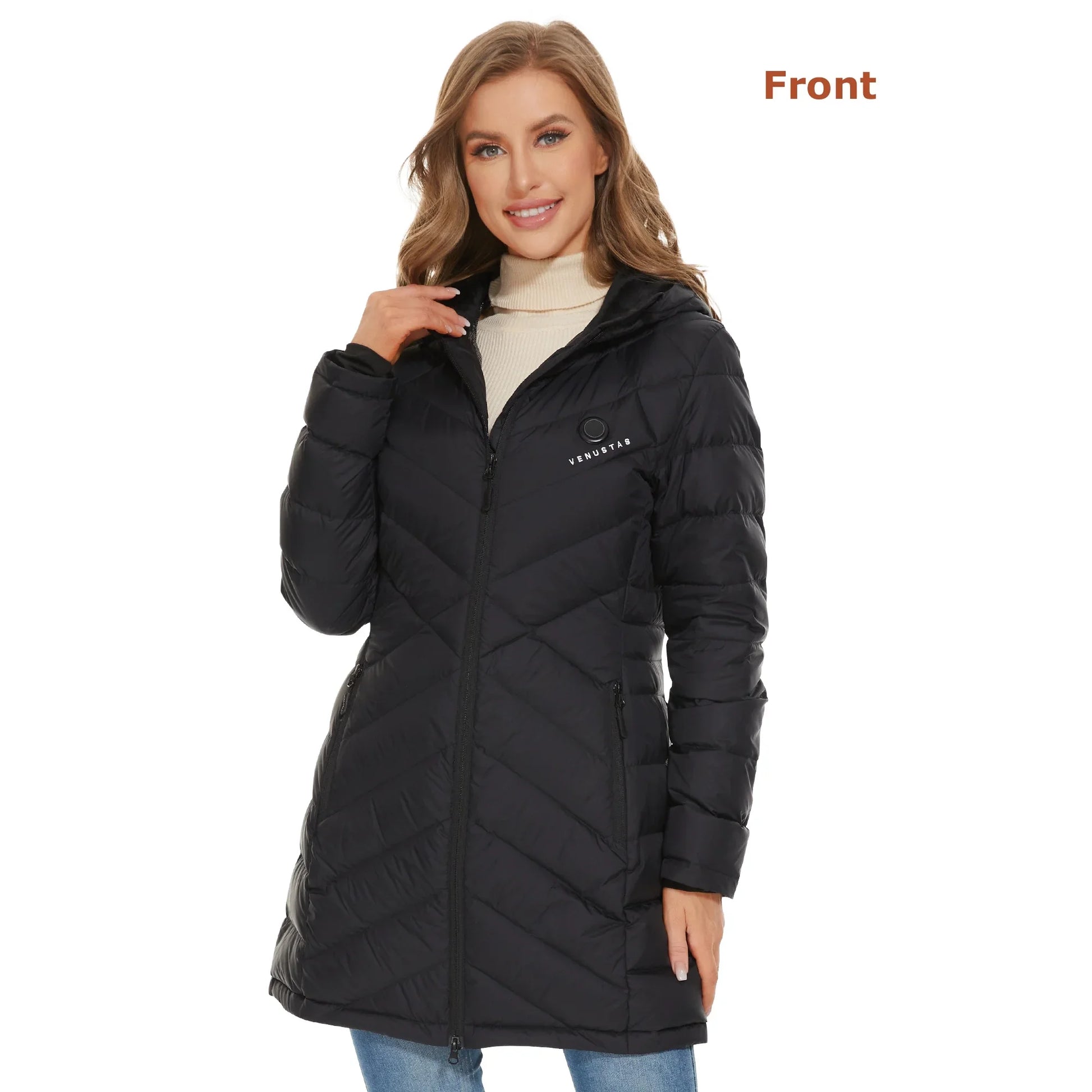 Women'S Heated down Jacket with Battery Pack 7.4V, Long Puffer Winter Jacket Coat (Black, 2XL)