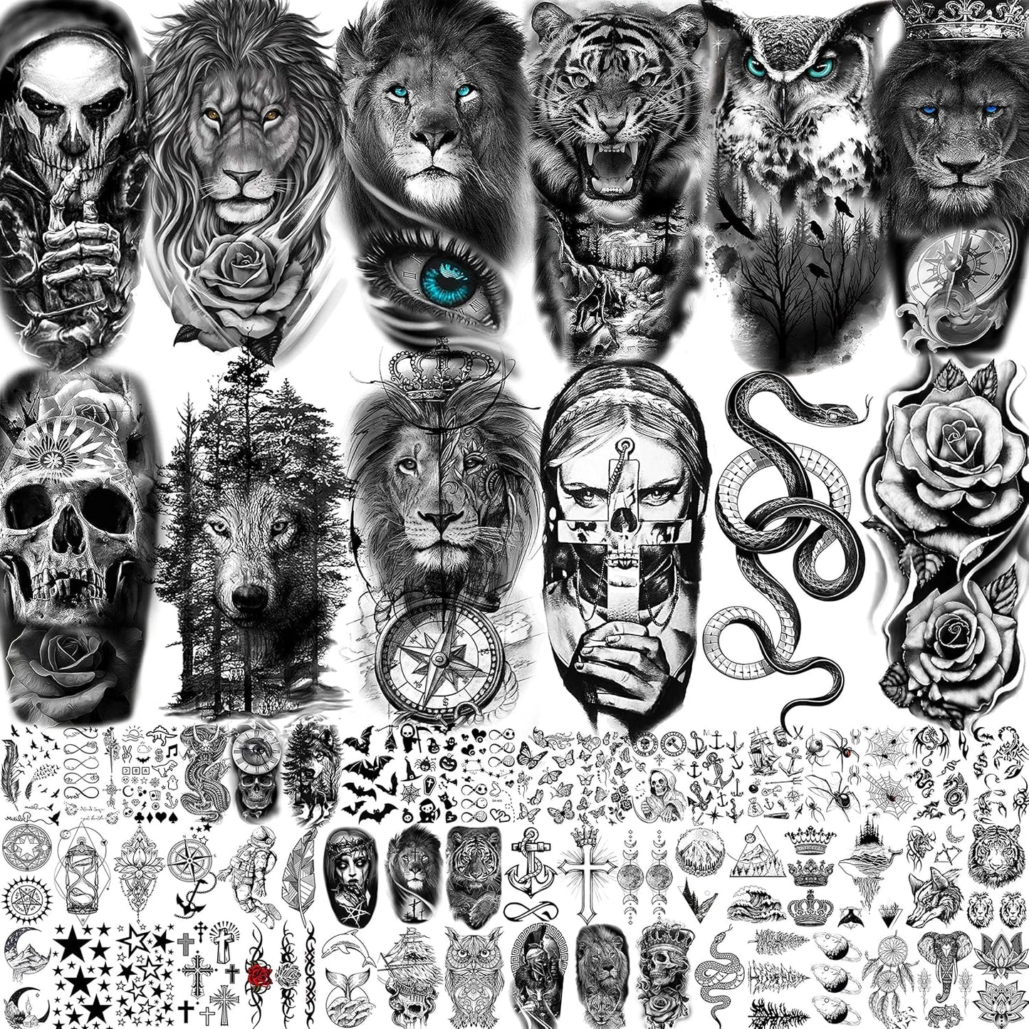 24 Sheets Cool Super Large Full Arm Temporary Tattoo Sleeve for Men with 8 Sheets for Women Thigh, 16 Sheets Flower Eagle Compass Adults Tribal Tiger Tatoo