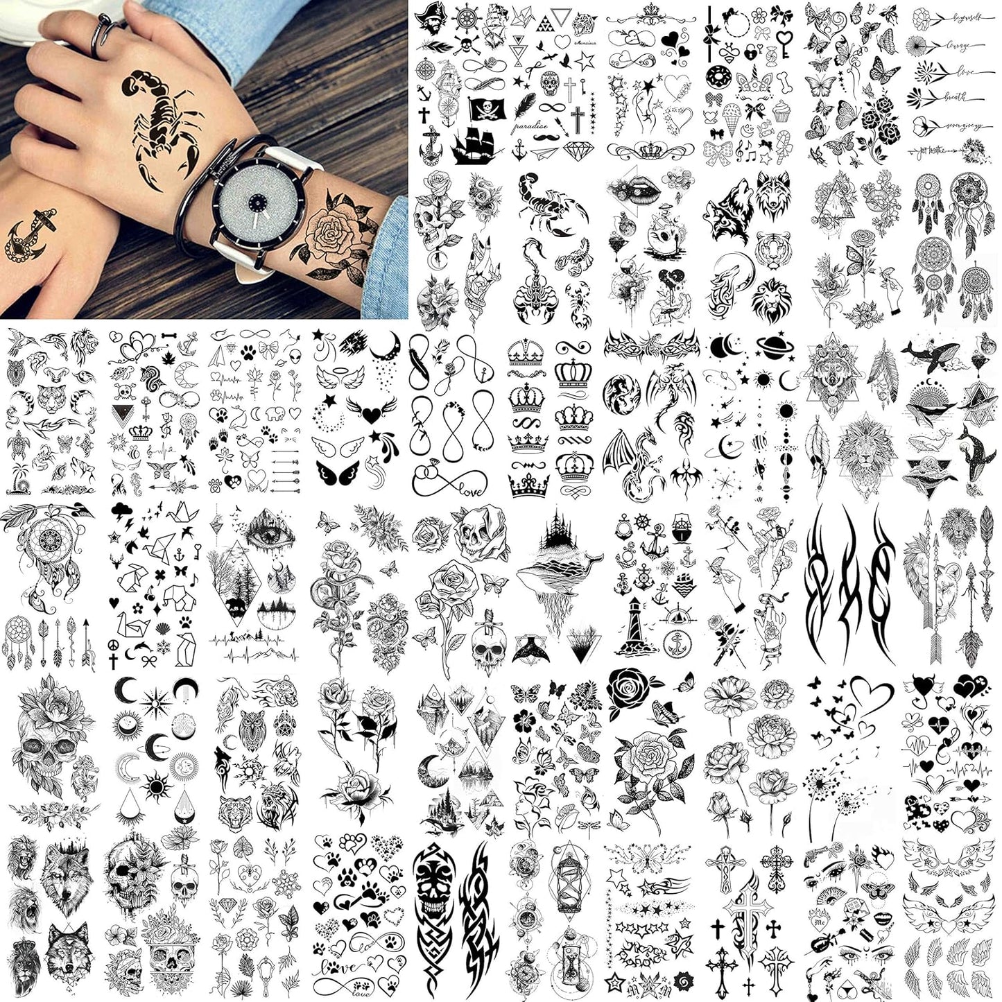 24 Sheets Cool Super Large Full Arm Temporary Tattoo Sleeve for Men with 8 Sheets for Women Thigh, 16 Sheets Flower Eagle Compass Adults Tribal Tiger Tatoo