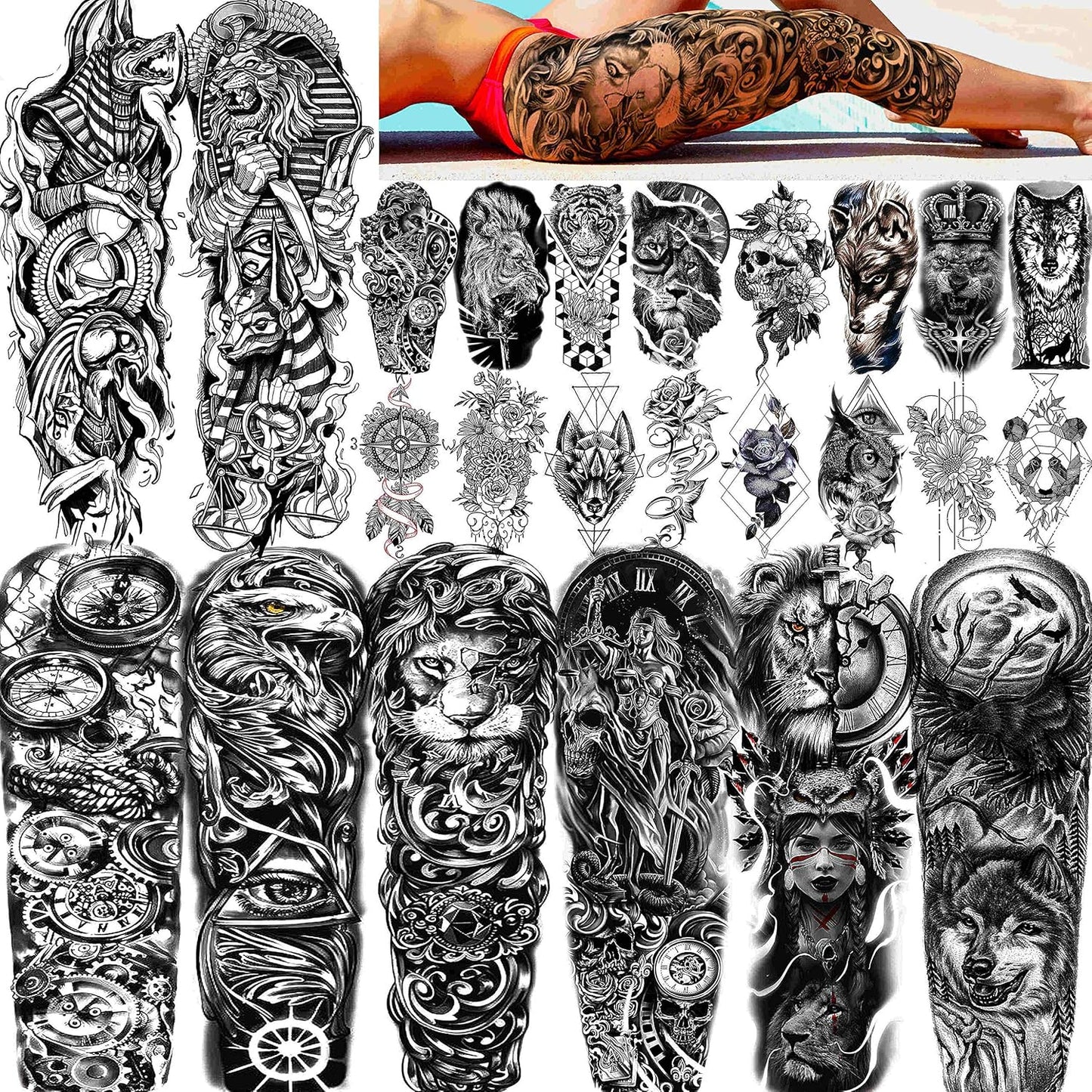 24 Sheets Cool Super Large Full Arm Temporary Tattoo Sleeve for Men with 8 Sheets for Women Thigh, 16 Sheets Flower Eagle Compass Adults Tribal Tiger Tatoo
