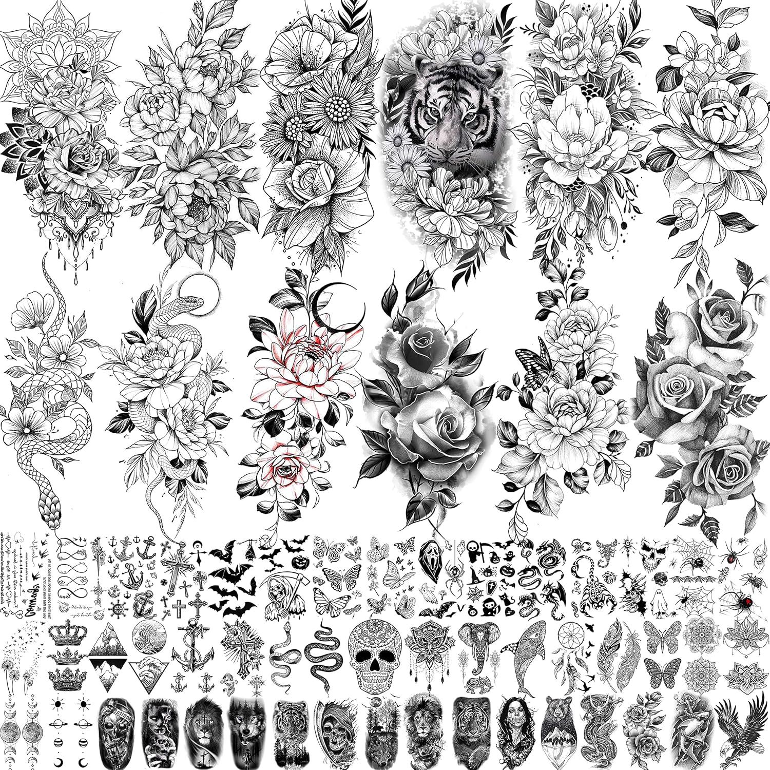 24 Sheets Cool Super Large Full Arm Temporary Tattoo Sleeve for Men with 8 Sheets for Women Thigh, 16 Sheets Flower Eagle Compass Adults Tribal Tiger Tatoo