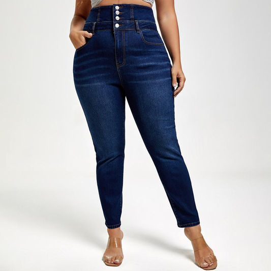 【Plus Size】Curvesoul Spring&Denim Tears Blue High Waist Button Elongating Versatile Buckle Jeans for Women Summer Style Dealsforyoudays Kiki of DC Styles Store