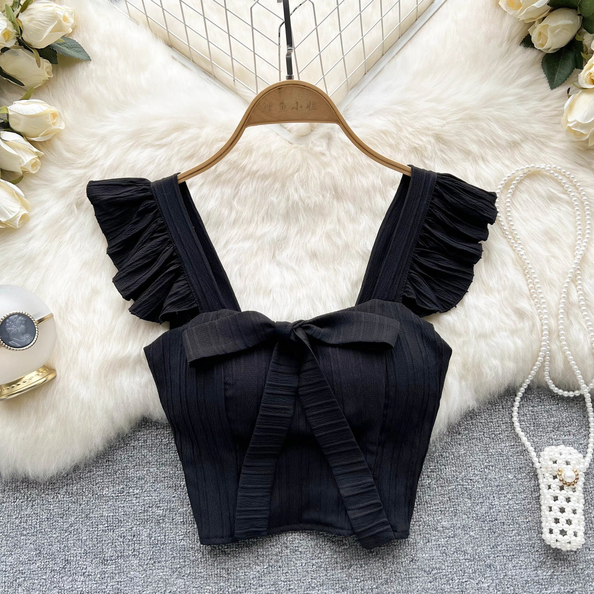 Elevate Your Summer Wardrobe with Our Chic Ruffled Camisole Featuring a Stylish Square Neck and Adorable Bow - Perfect for Casual Outings!