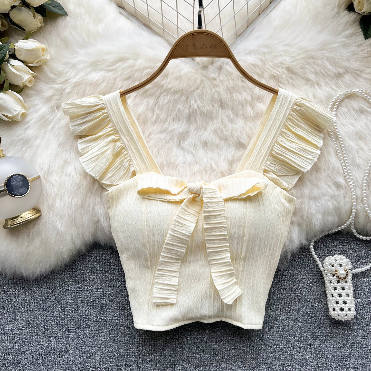 Elevate Your Summer Wardrobe with Our Chic Ruffled Camisole Featuring a Stylish Square Neck and Adorable Bow - Perfect for Casual Outings!