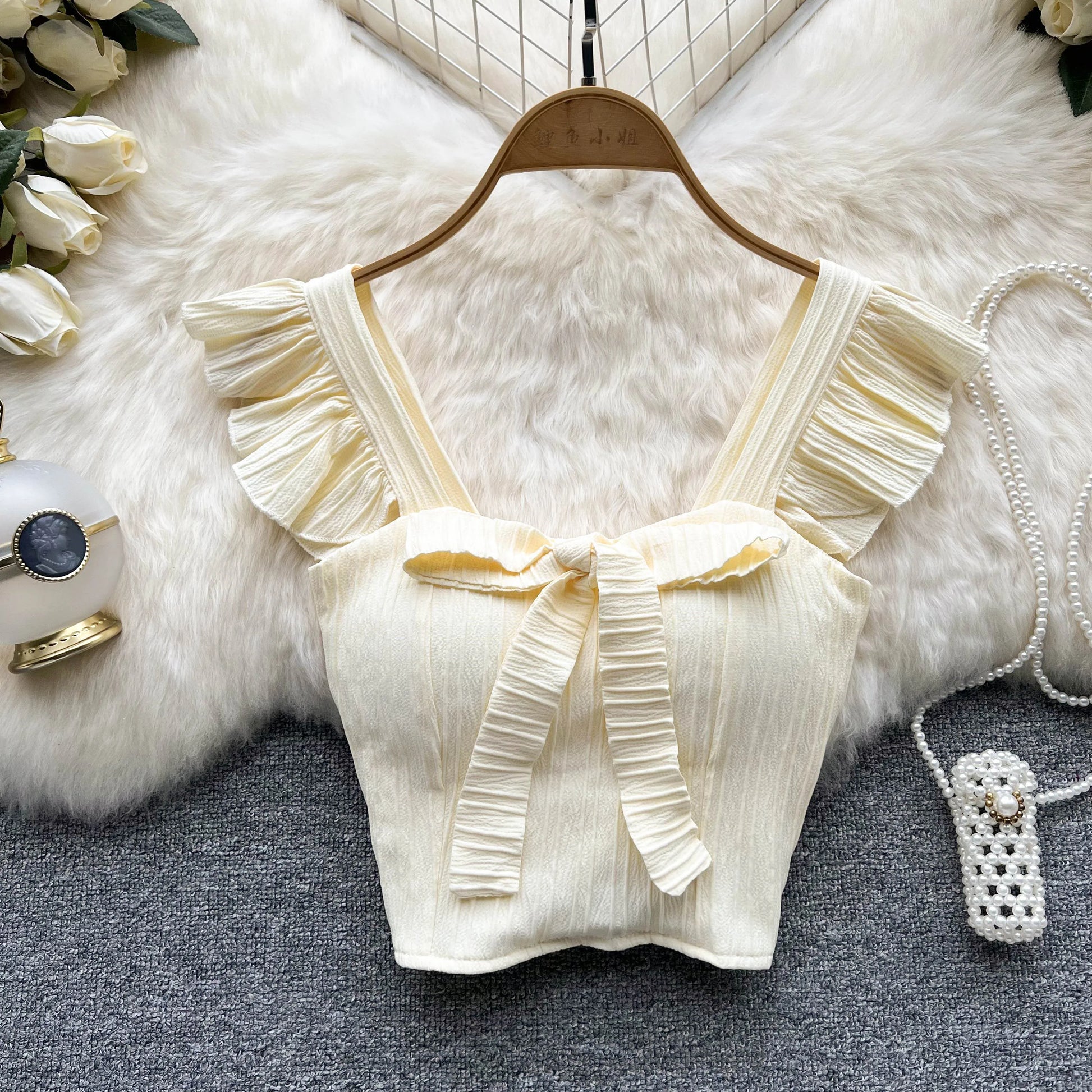 Elevate Your Summer Wardrobe with Our Chic Ruffled Camisole Featuring a Stylish Square Neck and Adorable Bow - Perfect for Casual Outings!