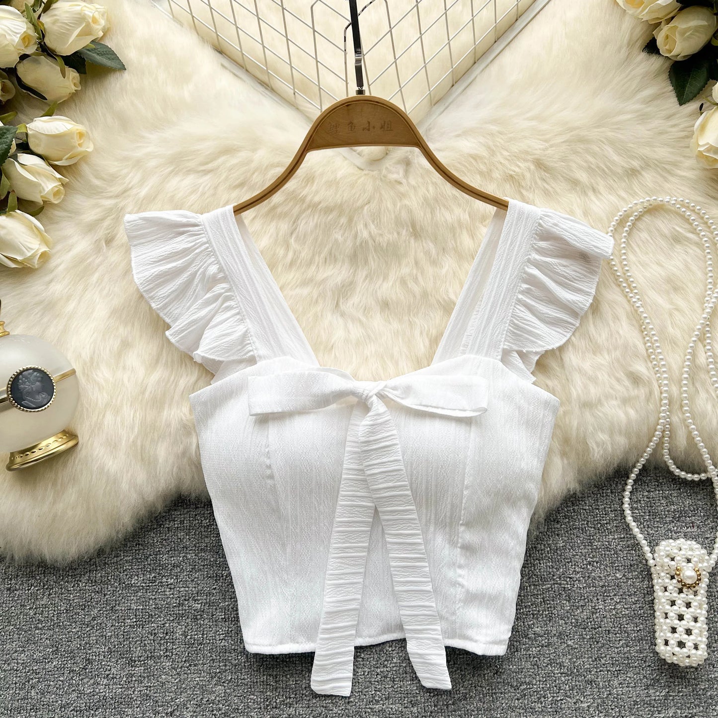 Elevate Your Summer Wardrobe with Our Chic Ruffled Camisole Featuring a Stylish Square Neck and Adorable Bow - Perfect for Casual Outings!