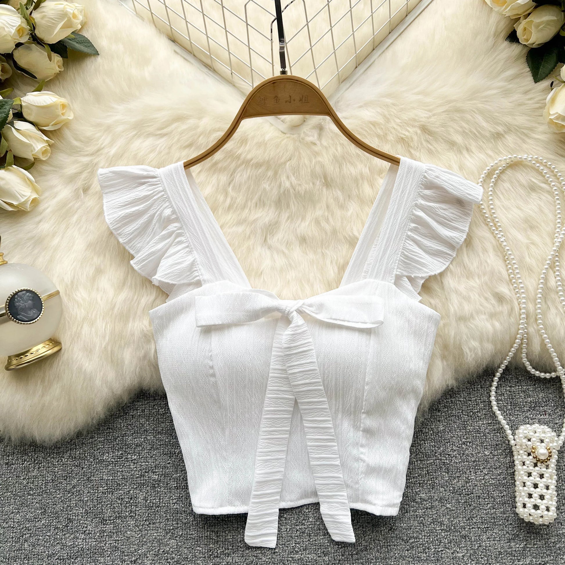 Elevate Your Summer Wardrobe with Our Chic Ruffled Camisole Featuring a Stylish Square Neck and Adorable Bow - Perfect for Casual Outings!