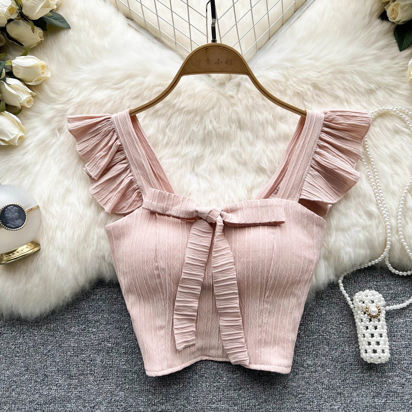 Elevate Your Summer Wardrobe with Our Chic Ruffled Camisole Featuring a Stylish Square Neck and Adorable Bow - Perfect for Casual Outings!