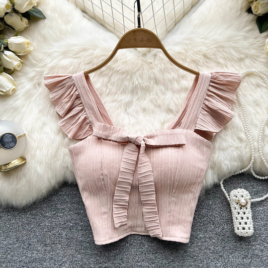 Elevate Your Summer Wardrobe with Our Chic Ruffled Camisole Featuring a Stylish Square Neck and Adorable Bow - Perfect for Casual Outings!
