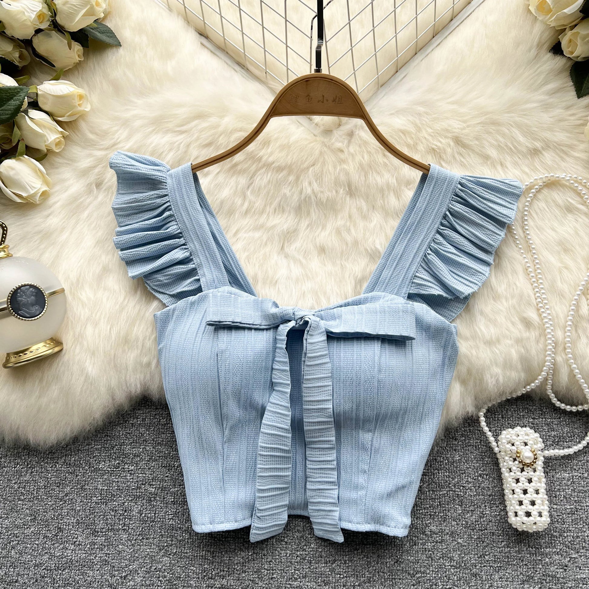 Elevate Your Summer Wardrobe with Our Chic Ruffled Camisole Featuring a Stylish Square Neck and Adorable Bow - Perfect for Casual Outings!