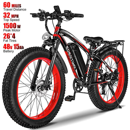 EOEOTWO 1500W Electric Bicycle - 30+ MPH, 70 Miles Range, 48V 15AH Battery, Front Suspension, 26" x 4.0" Tires for Snow & Mountain Riding
