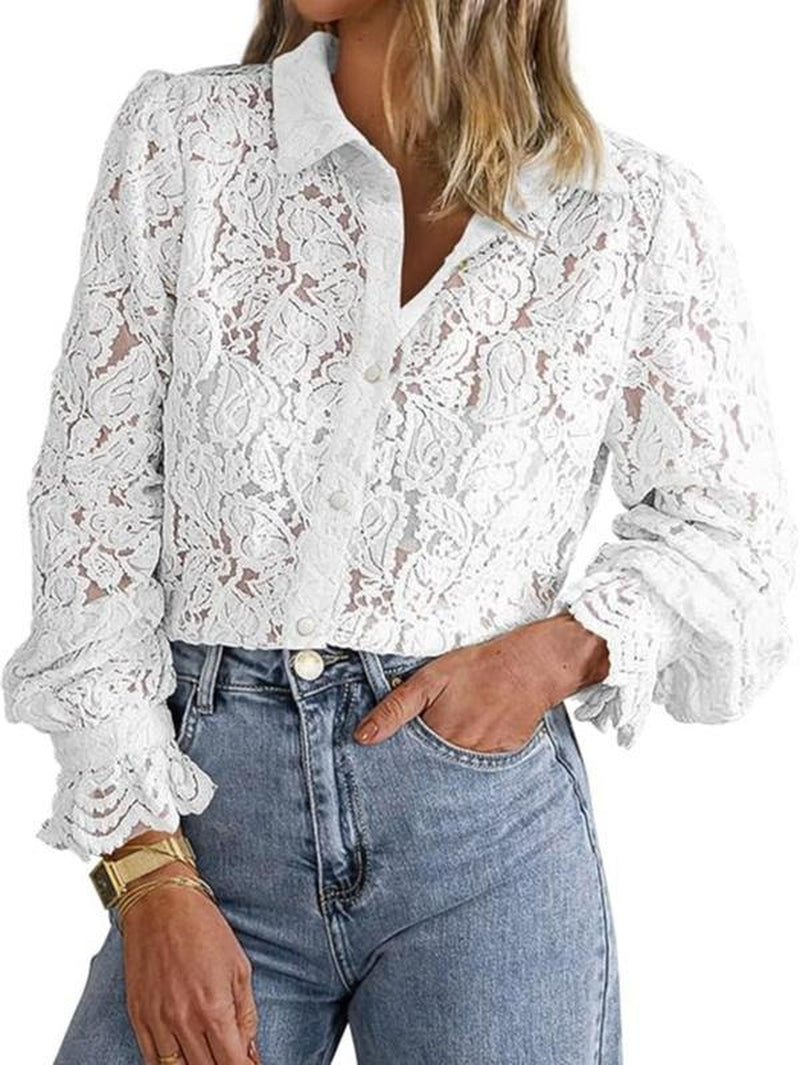 BTFBM Women'S Lace Blouses Long Sleeve Button down Tops 2025 Fall Fashion Shirt - Kiki of DC Styles Store