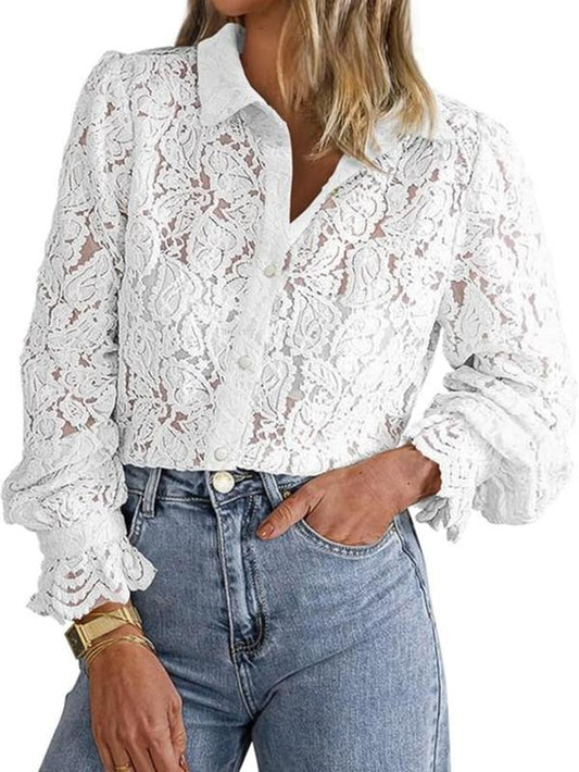 BTFBM Women'S Lace Blouses Long Sleeve Button down Tops 2025 Fall Fashion Shirt - Kiki of DC Styles Store