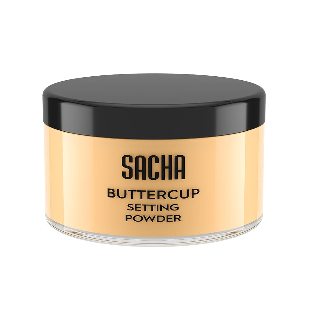 Sacha Buttercup Setting Powder - Translucent Loose Powder for Medium to Dark Skin Tones, 1.75 oz, Blurs Fine Lines and Pores, No Ashy Flashback, Ideal for Setting Makeup Foundation or Concealer.
