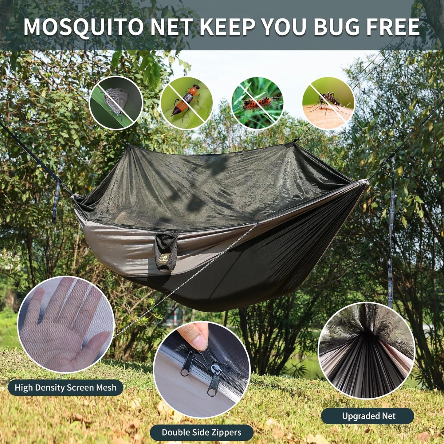 Camping Hammock with Net,Travel Portable Lightweight Hammocks with Tree Straps and Solid D-Shape Carabiners,Parachute Nylon Hammock for Outsides Backpacking Beach Backyard Patio Hiking - Kiki of DC Styles Store