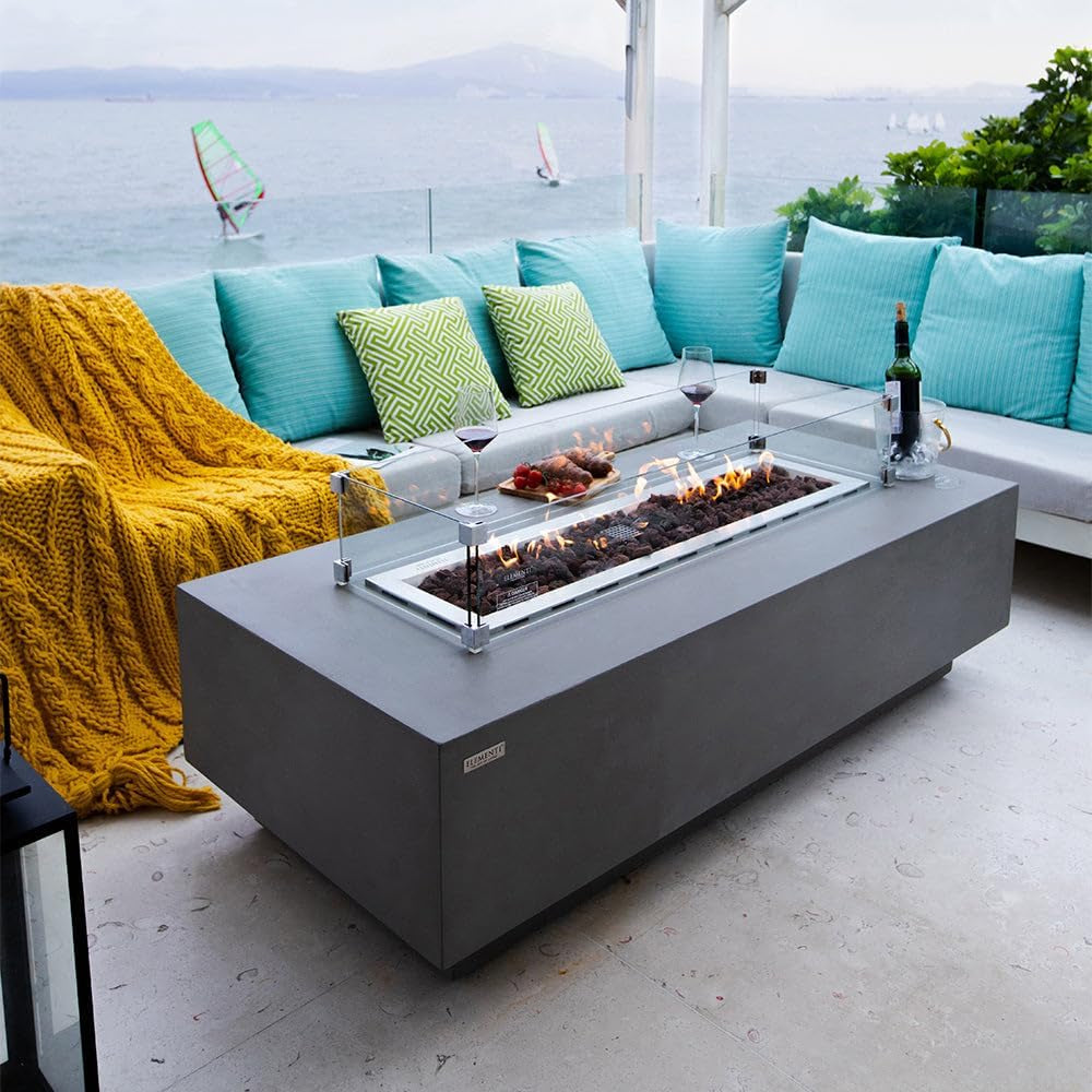 Granville 60" Modern Cast Concrete Fire Table - 45,000 BTU Natural Gas Fire Pit with Decorative Lava Rocks for Ultimate Outdoor Ambiance